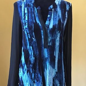 Simply Vera Vera Wang, Black & Blue, Long Sleeve Patterned Blouse, Size-Small.